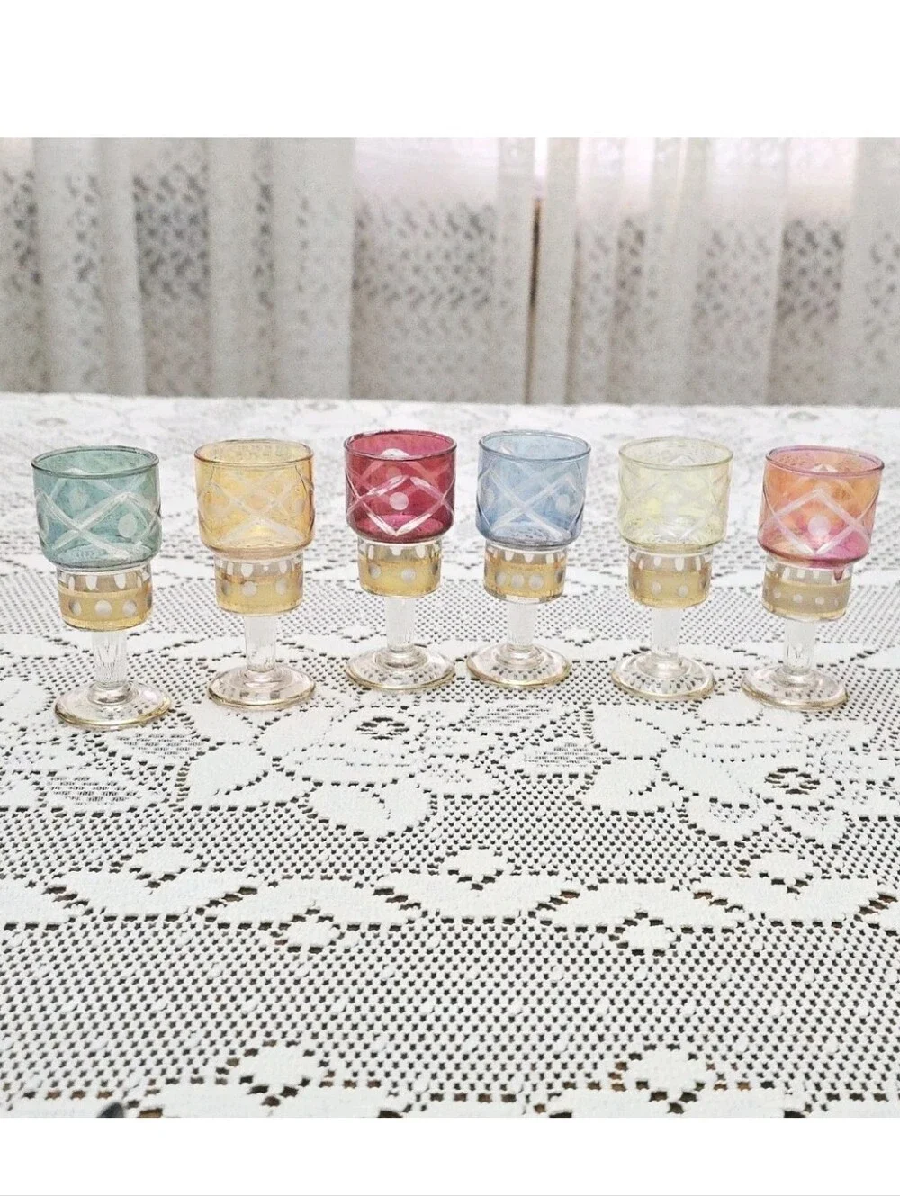 Set of 6 MCM Vintage Cordial Stem Shot Glasses Boho Etched Glass Colorful Gold